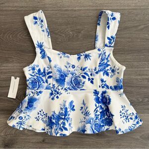 MAEVE Peplum Top XS White Blue Floral Sweetheart Romantic Cottagecore Coquette